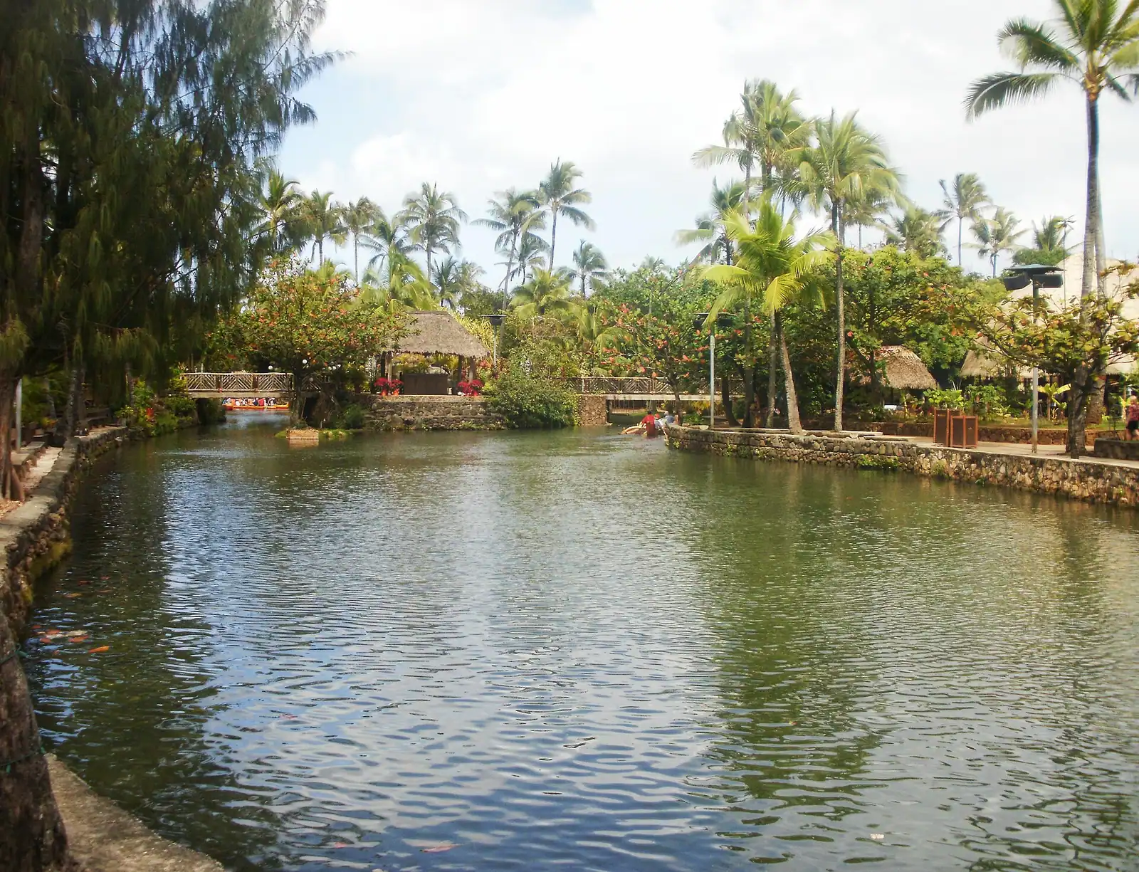 Outrigger canoes on a lagoon in front of thatched island houses on a green Pacific island site